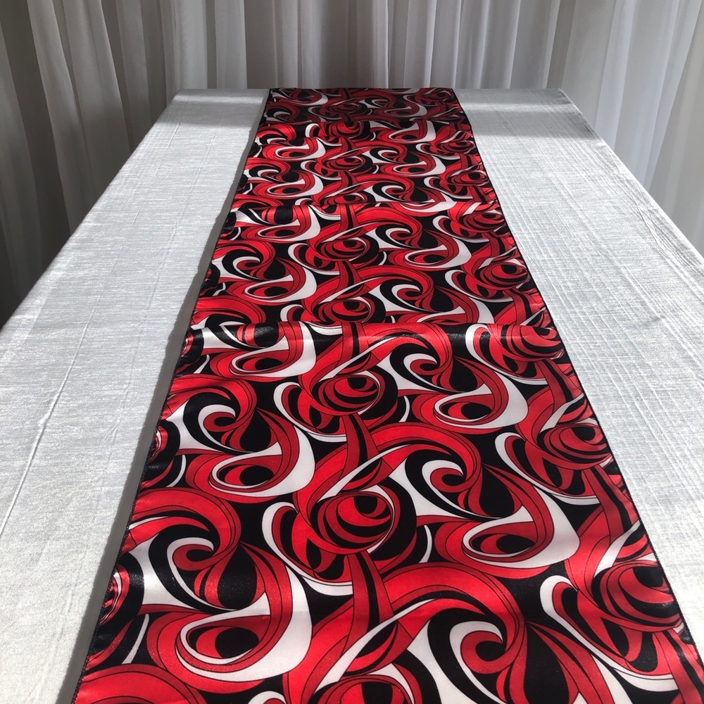Satin Red, Black, White Swirl Table Runner